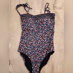 Lands’ End Draper James Floral One Piece Swimsuit Size 10 Smocked Tie Strap